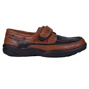 Dr Comfort Mike Boat Shoes Men 14 M Leather Brown Black Hook and Loop 8660